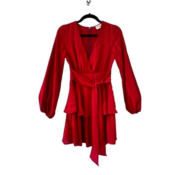 Showpo. Tiered Dress Long Sleeve Surplice Neck Pleated Stripe Red Women's Size 4 - Picture 1 of 8